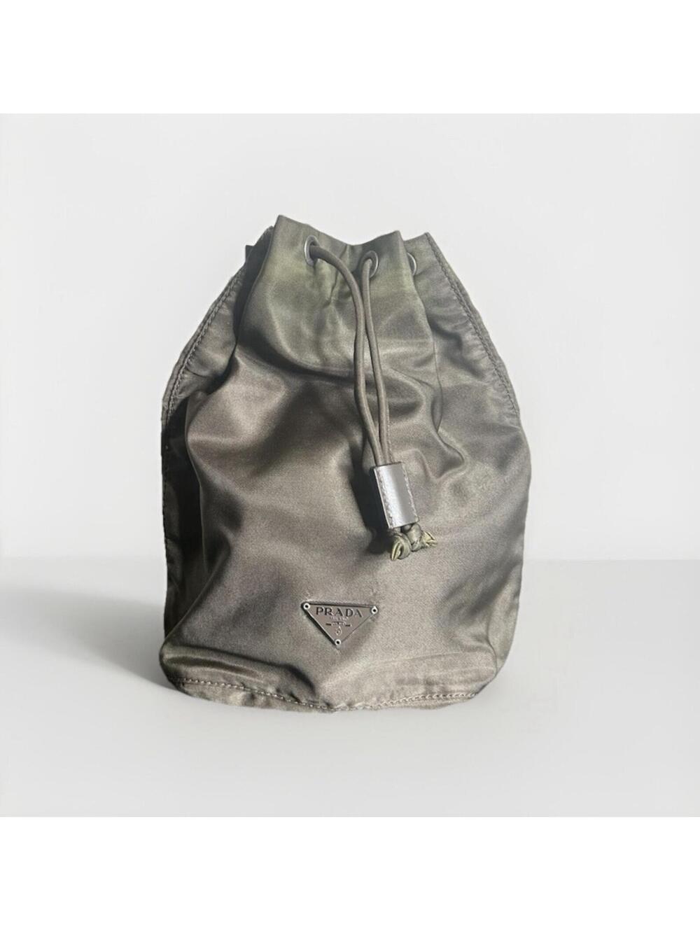 Prada Black Nylon Drawstring Pouch Accessory Case Silver Hardware Authentic